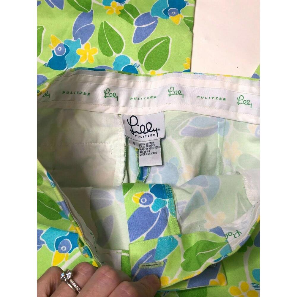 Lilly Pulitzer womens 8 Cropped Pants Cotton Blend Too Jays Green Blue Birds - Picture 4 of 4